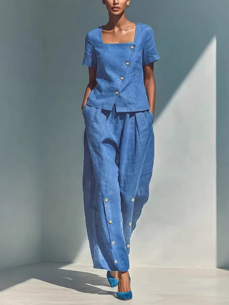 Loose Wide Leg Buttoned Pockets Solid Color Pants Trousers