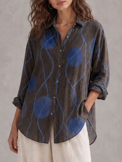Printed Contrast Color Buttoned Loose Long Sleeves Lapel Blouses&shirts Tops