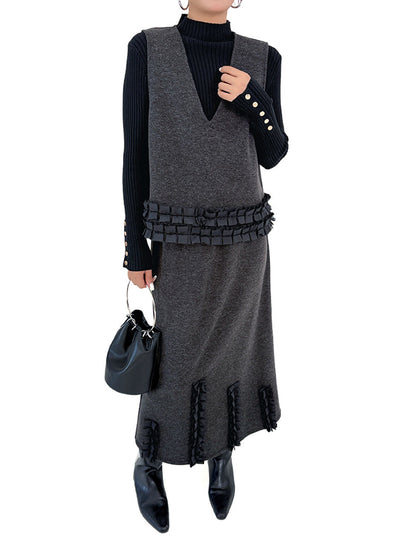 Contrast Color Ruffled Split-Joint V-Neck Vest Top + Elasticated Waist High Waisted Pleated Skirts Bottoms Two Pieces Set