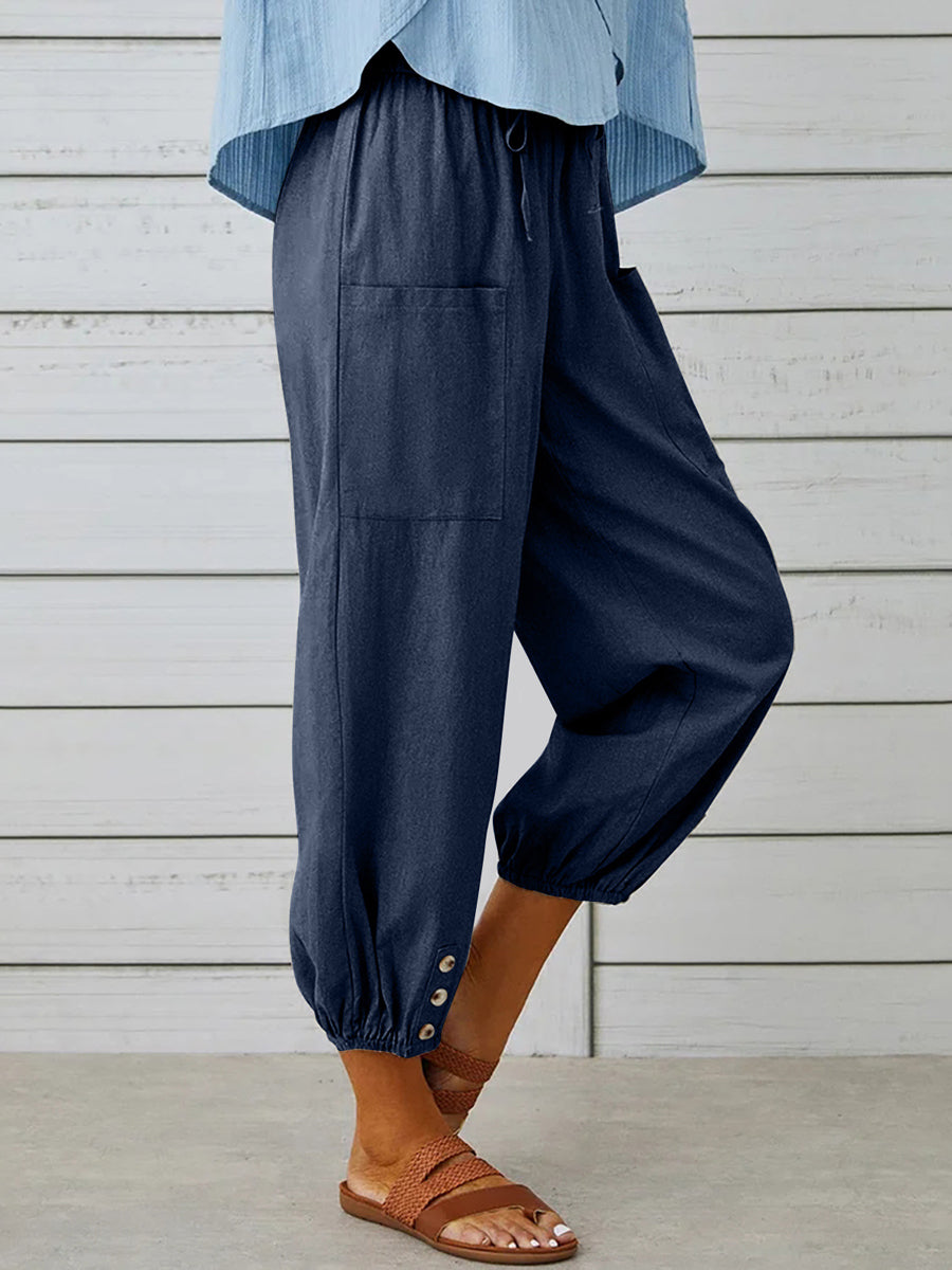 Solid Color Pockets Elasticity Drawstring Buttoned Plus Size High Waisted Trousers Ninth Pants