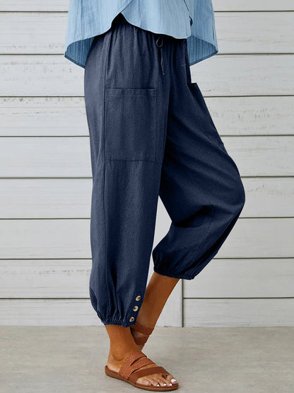 Solid Color Pockets Elasticity Drawstring Buttoned Plus Size High Waisted Trousers Ninth Pants