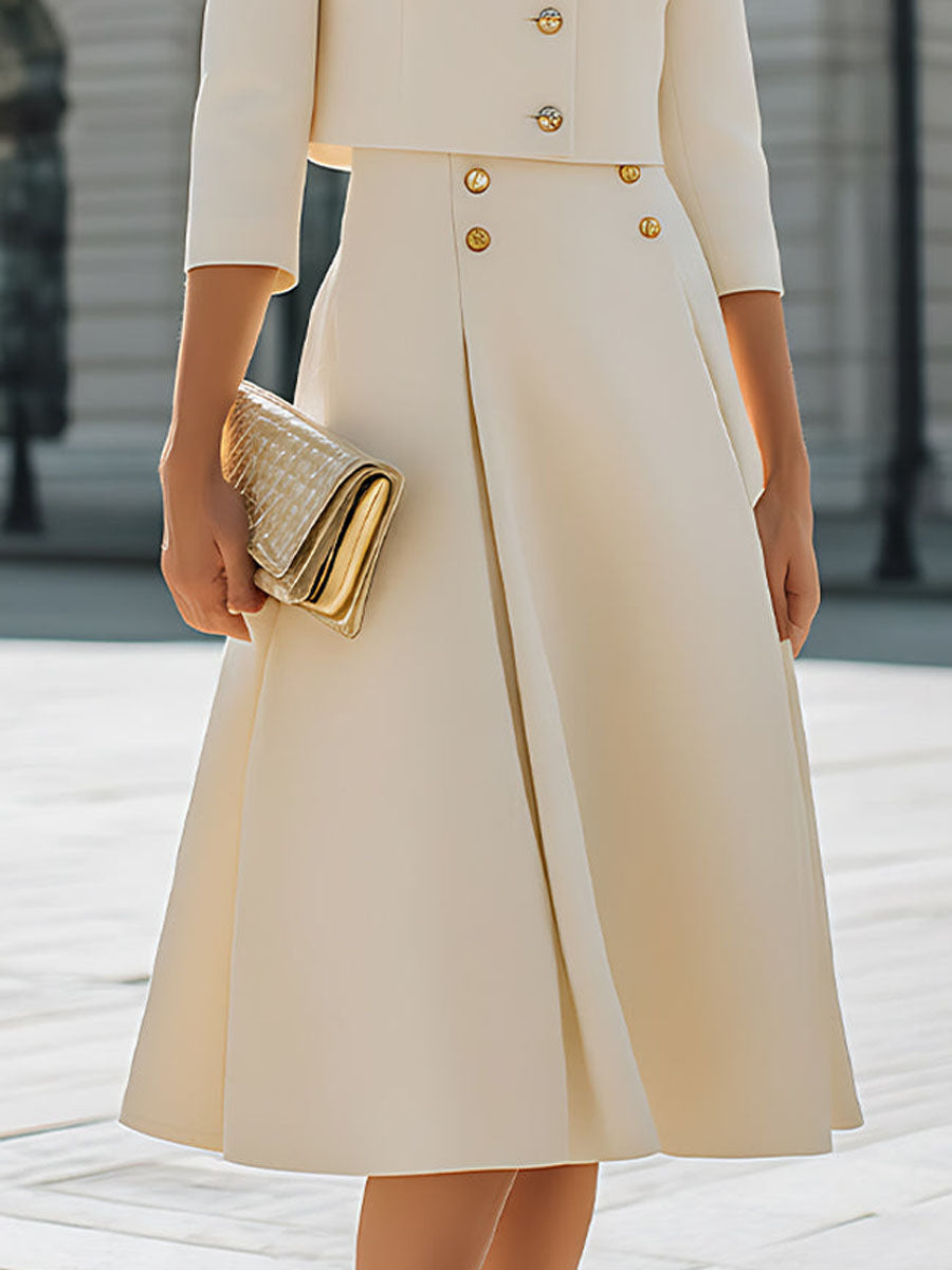 A-Line High Waisted Buttoned Pleated Solid Color Skirts Bottoms