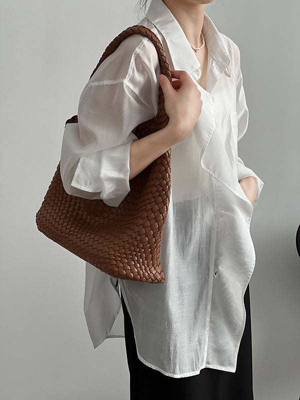 Irregular Clipping Long Sleeves Solid Color Lapel Blouses&Shirts Tops