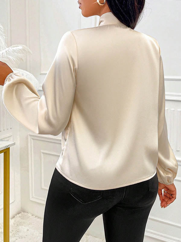 Long Sleeves Loose Bow-Embellished Pleated Solid Color Split-Joint Scarf Collar Blouses&Shirts Tops