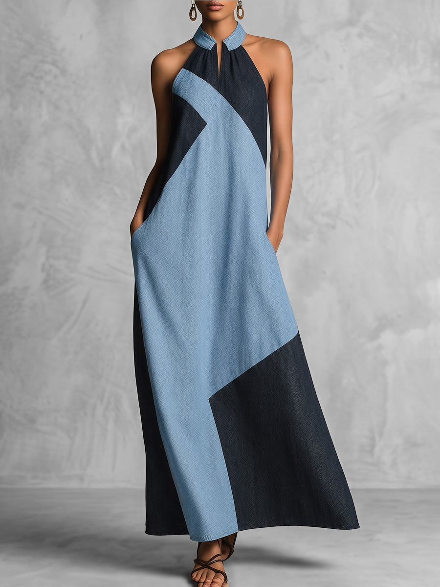 A-Line Loose Contrast Color Pockets Split-Joint Zipper Halter-Neck Maxi Dresses