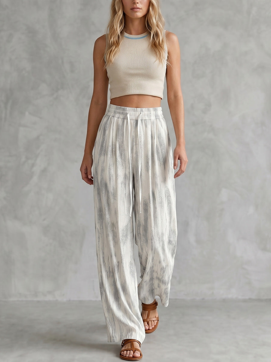 High Waisted Wide Leg Contrast Color Drawstring Elasticity Pockets Pants Trousers