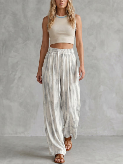 High Waisted Wide Leg Contrast Color Drawstring Elasticity Pockets Pants Trousers