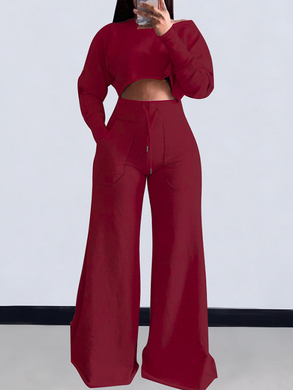 Loose Solid Color Long Sleeves T-Shirt + Drawstring Wide Leg Pants Trousers Two Pieces Set