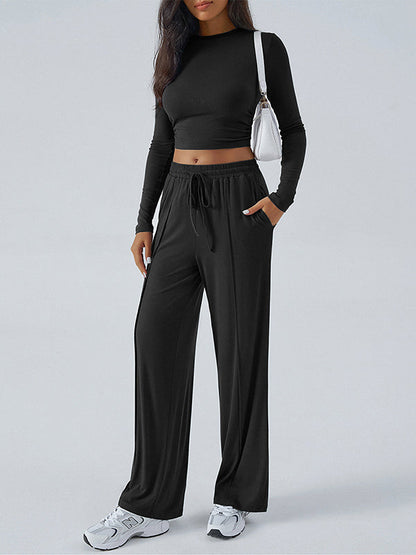 Long Sleeves Loose Solid Color Round-Neck T-Shirt Top + Drawstring Elasticity Pockets Pants Bottom Two Pieces Set