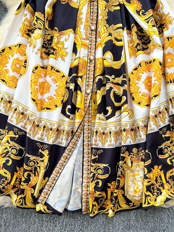 Sleeveless Belt Buckle Buttoned Contrast Color Floral Printed Midi Dresses