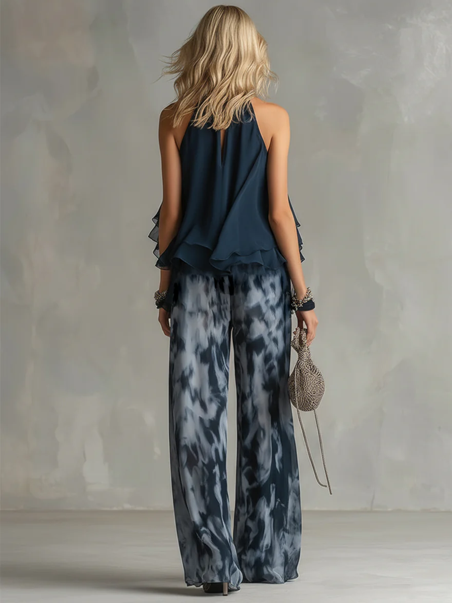 A-Line Sleeveless Pleated Ruffled Solid Color Halter-Neck Tank Top