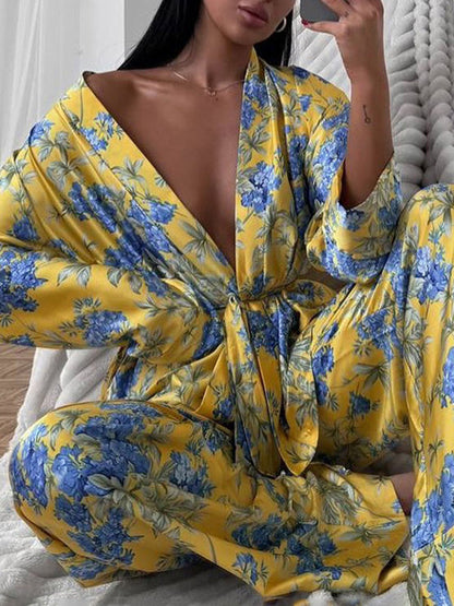 Loose Printed Split-Joint Deep V-Neck Lace-Up Blouse + Drawstring Elasticity Pants Trousers Two Pieces Set