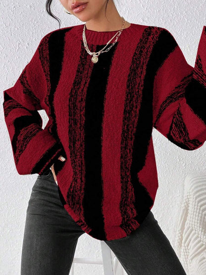 Striped Loose Long Sleeves Round-neck Sweater Tops Pullovers
