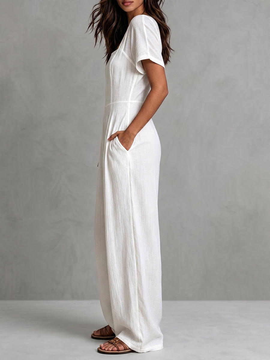 High Waisted Short Sleeves Backless Pleated Pockets Solid Color Zipper Square-Neck Jumpsuits