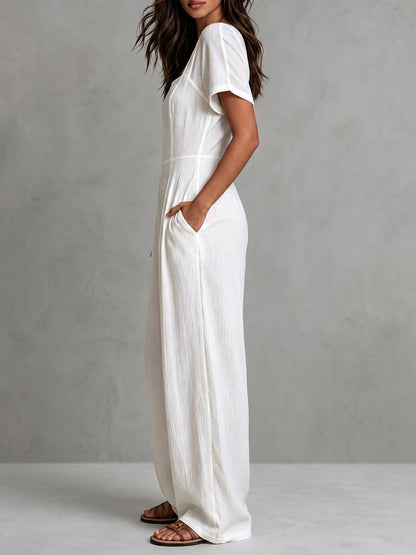 High Waisted Short Sleeves Backless Pleated Pockets Solid Color Zipper Square-Neck Jumpsuits