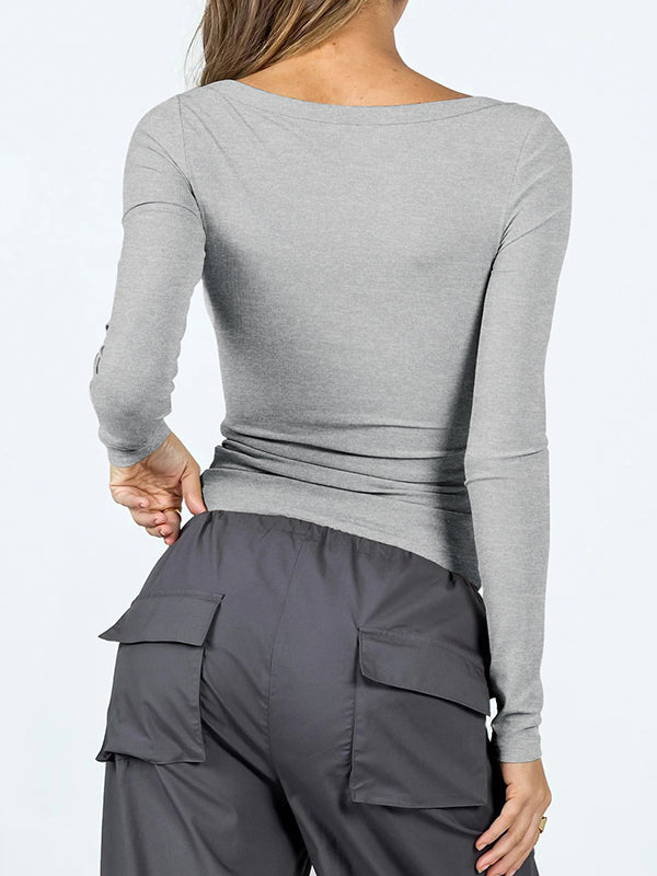 T-shirts à manches longues, slim, couleur unie, col en U 