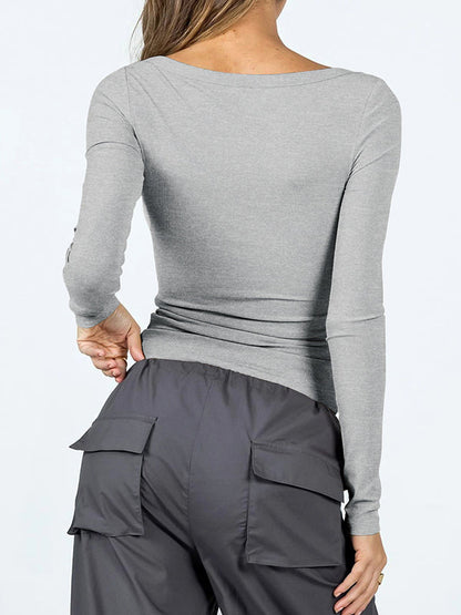 T-shirts à manches longues, slim, couleur unie, col en U 