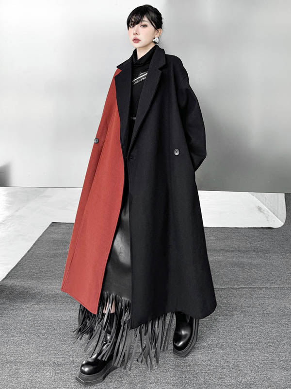 Irregularity Long Sleeves Buttoned Contrast Color Double-Breasted Split-Joint Tasseled Notched Collar Outerwear Overcoat