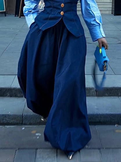 Pantalon sarouel ample plissé couleur unie en jean 