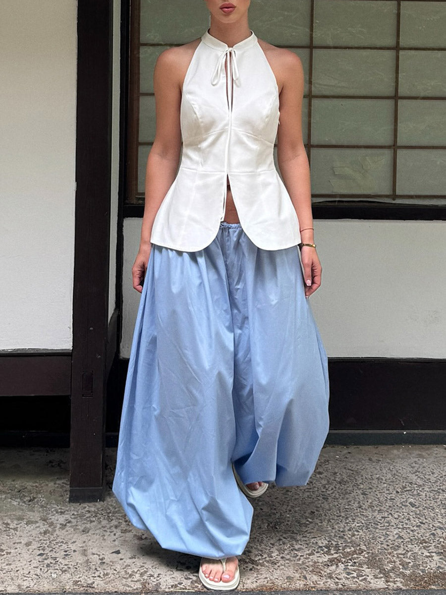 Elasticated Waist High Waisted Drawstring Pleated Solid Color Ankle-Tied Pants