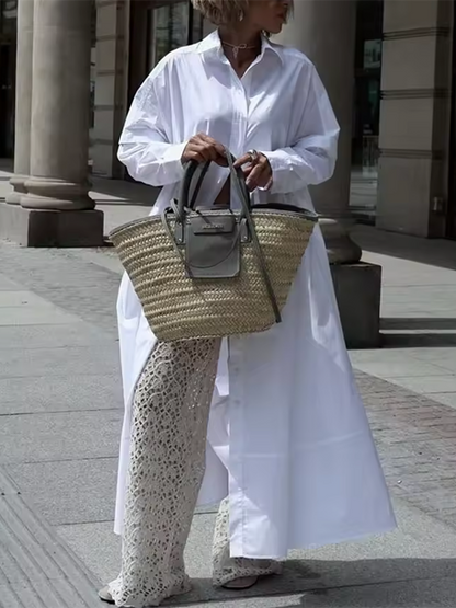 Split-Joint Lapel Maxi Dress with Long Sleeves