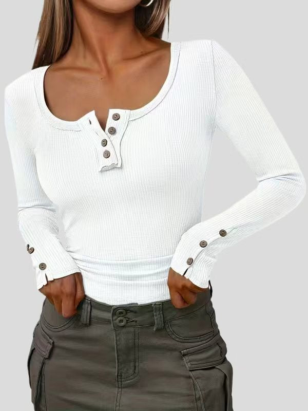 Long Sleeves Buttoned Solid Color Striped Square-Neck Knit Top