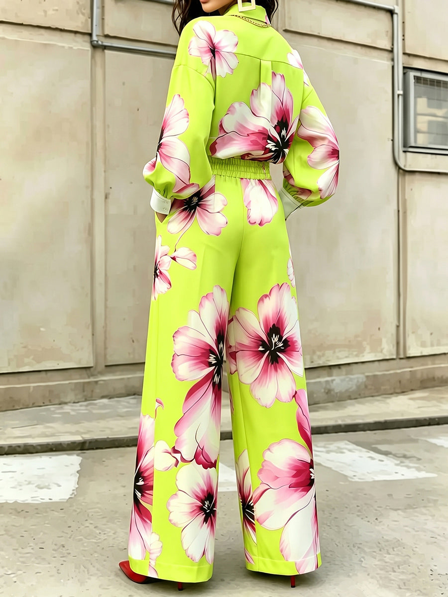 Pleated Flower Print Contrast Color Buttoned Puff Sleeves Loose Lapel Blouses&shirts Tops