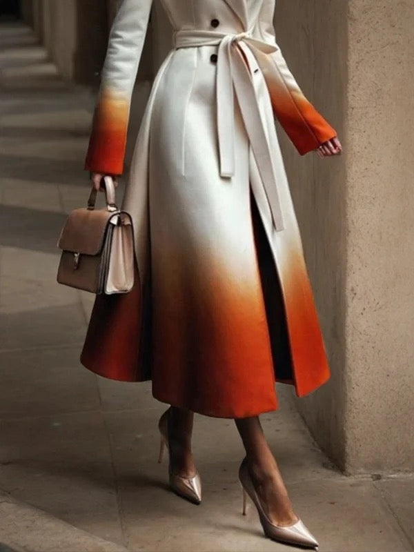 A-Line Long Sleeves Buttoned Gradient Split-Joint Tied Waist Notched Collar Woolen Coat