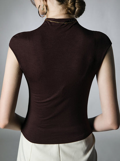 Skinny Pleated Solid Color Mock Neck T-Shirts Tops