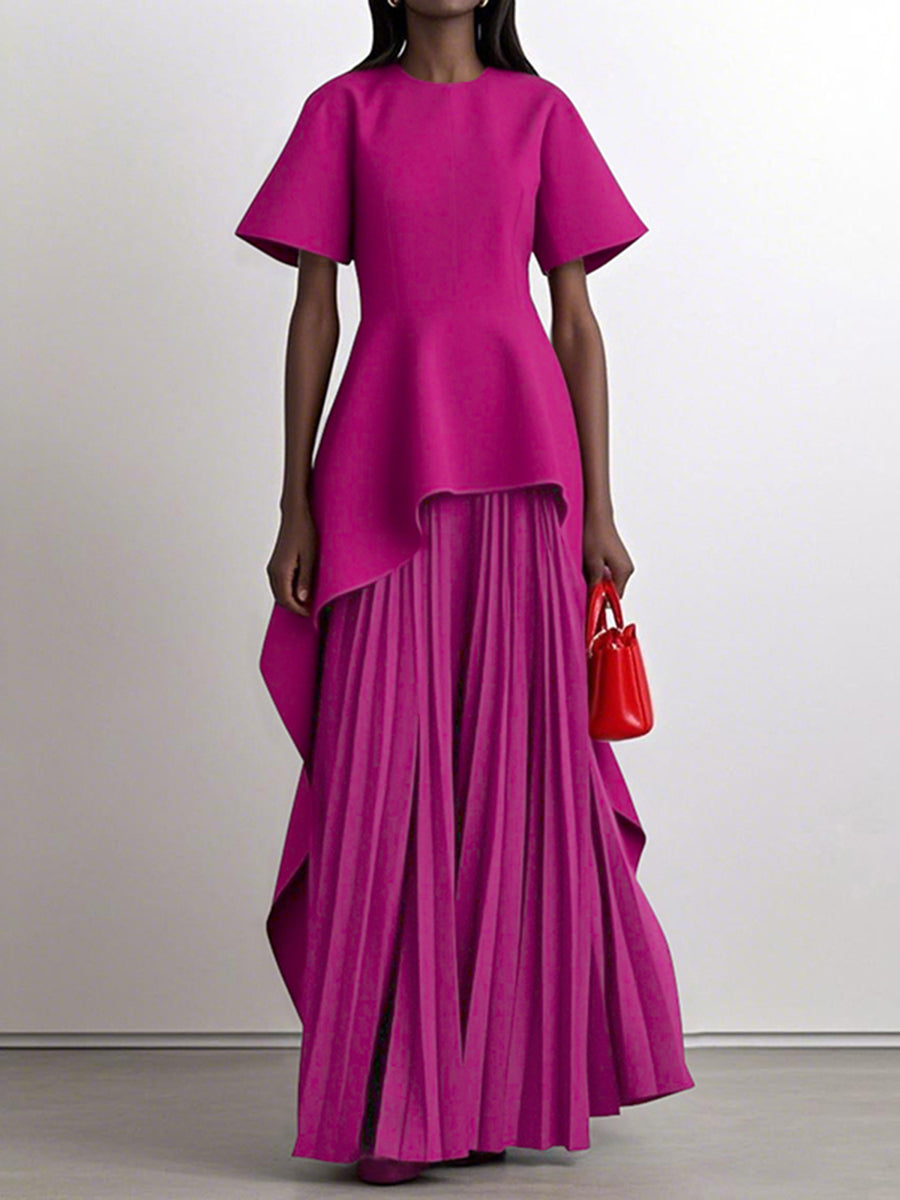 Split-Joint Solid Color Pleated Short Sleeves Loose Round-Neck Maxi Dresses