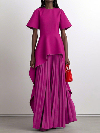 Split-Joint Solid Color Pleated Short Sleeves Loose Round-Neck Maxi Dresses