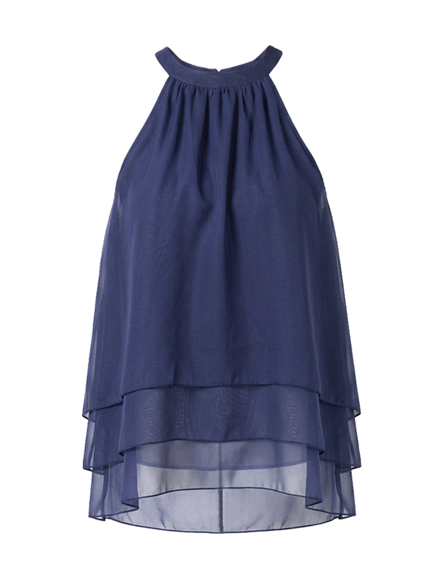 A-Line Sleeveless Pleated Ruffled Solid Color Halter-Neck Tank Top