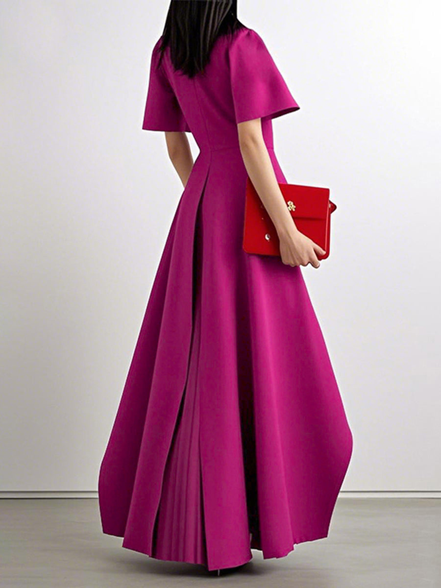 Split-Joint Solid Color Pleated Short Sleeves Loose Round-Neck Maxi Dresses