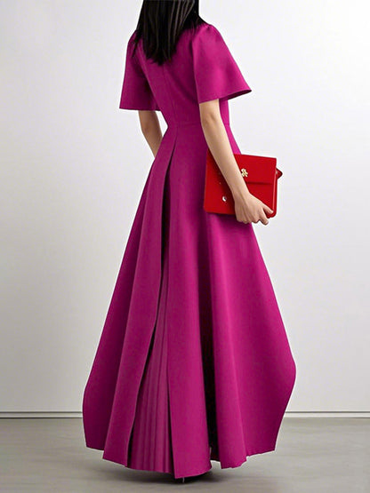 Split-Joint Solid Color Pleated Short Sleeves Loose Round-Neck Maxi Dresses