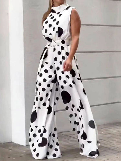 High Waisted Sleeveless Polka-Dot Mock Neck Jumpsuits