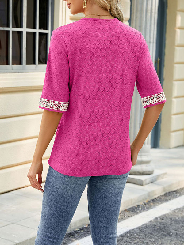 Loose Short Sleeves Contrast Color Hollow Split-Joint V-Neck T-Shirts Tops