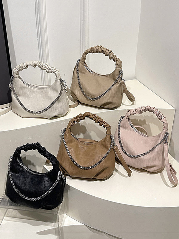 Chains Pleated Solid Color Zipper Crossbody Bags Handbags