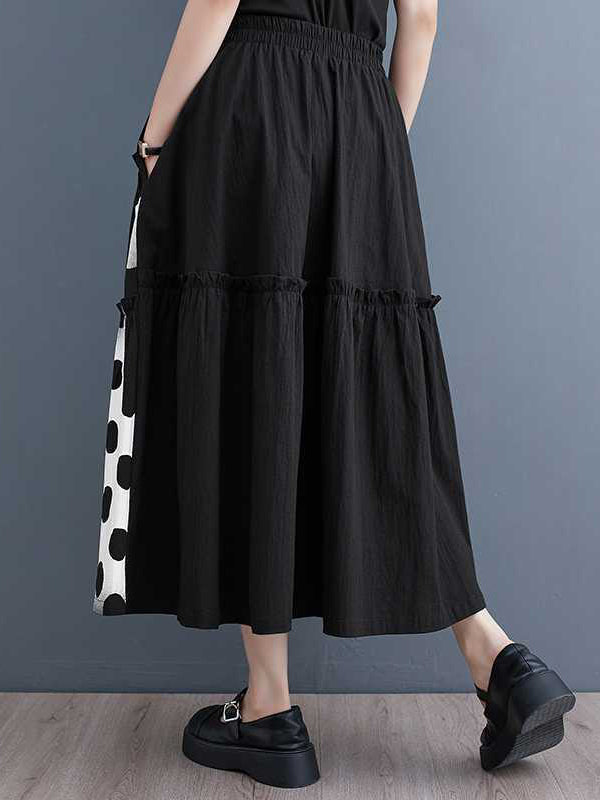 Loose Elasticity Pleated Pockets Polka Dot Printed Ruffled Split-Joint Skirts Bottoms
