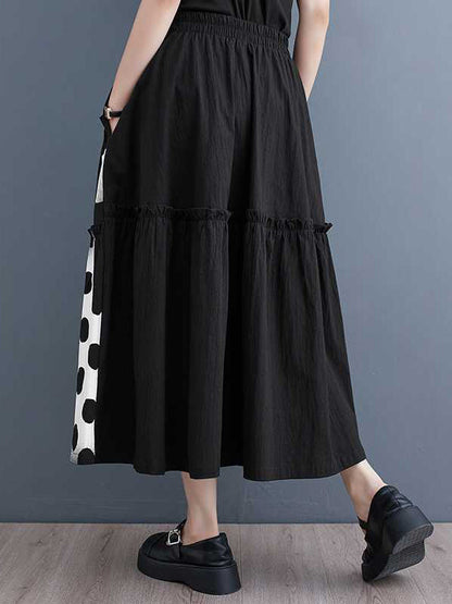 Loose Elasticity Pleated Pockets Polka Dot Printed Ruffled Split-Joint Skirts Bottoms
