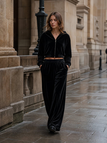 Velvet Solid Color Pockets Elasticity Wide Leg Loose Trousers Pants