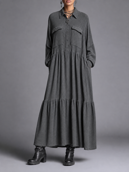 Split-Joint Solid Color Pockets Buttoned Loose Long Sleeves Lapel Maxi Dresses
