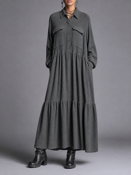 Split-Joint Solid Color Pockets Buttoned Loose Long Sleeves Lapel Maxi Dresses