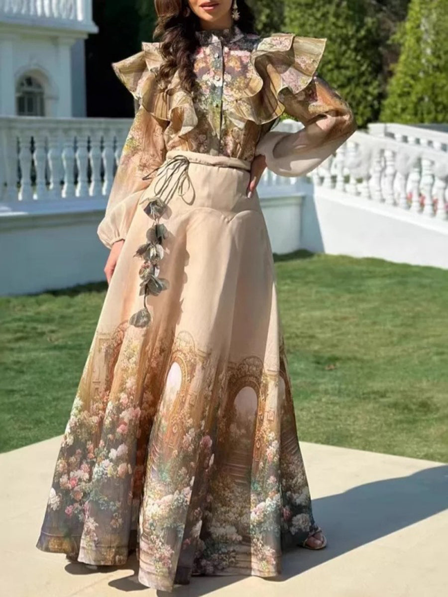 A-Line Long Sleeves Flower-Embellished Buttoned Flower Print Ruffled Half Turtleneck Sets Two-Piece Sets