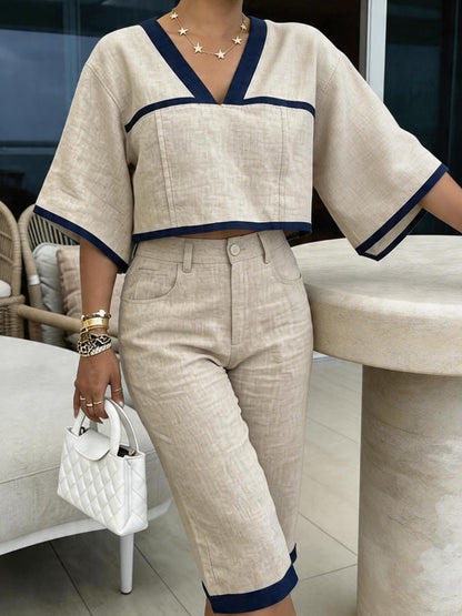 Contrast Color Cropped Batwing Sleeves V-Neck Blouses&Shirts Tops + Buttoned No Belt Pockets Cropped Trousers Two Pieces Set