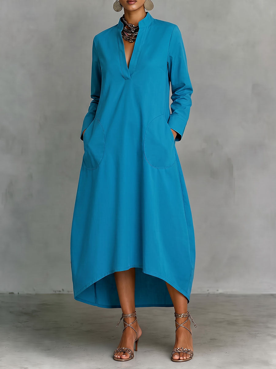 Solid Color Pockets Loose Long Sleeves V-neck Midi Dresse