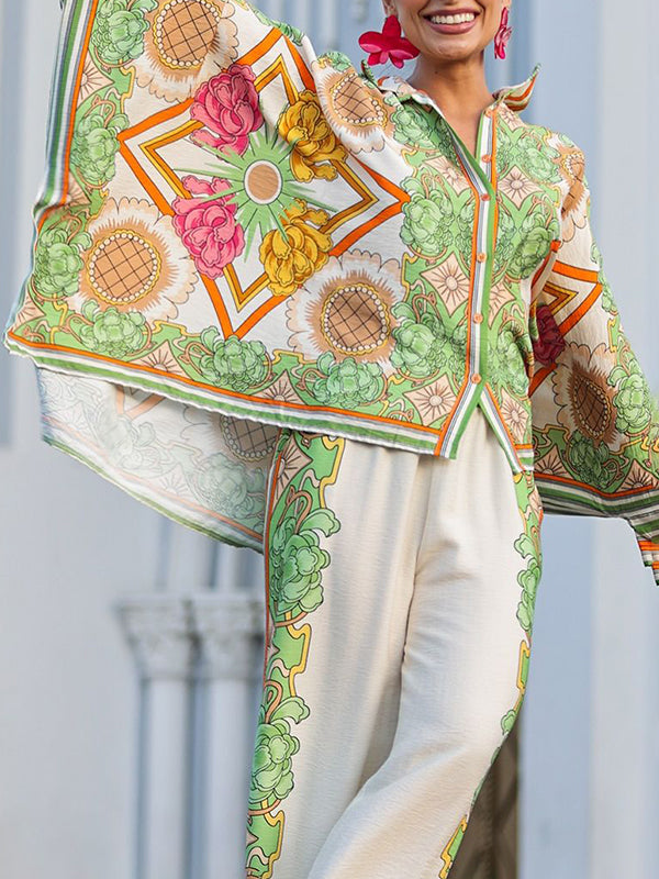 Batwing Sleeves High-Low Buttoned Flower Print Lapel Blouses&Shirts Tops