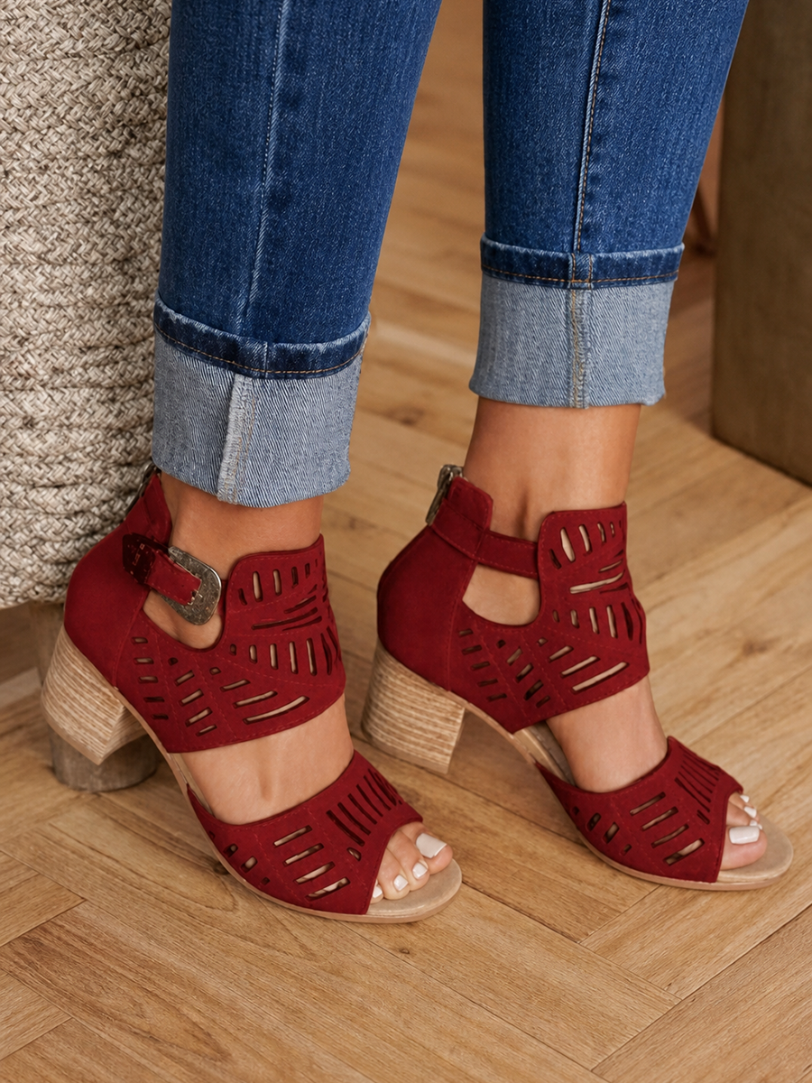 Solid Color Hollow Open Toe Buckle Pumps Sandals