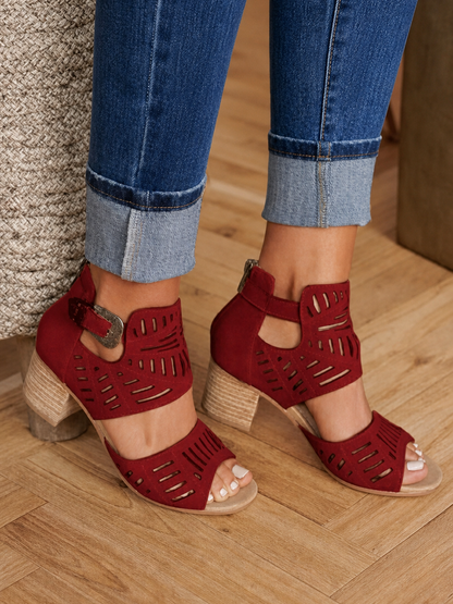 Solid Color Hollow Open Toe Buckle Pumps Sandals