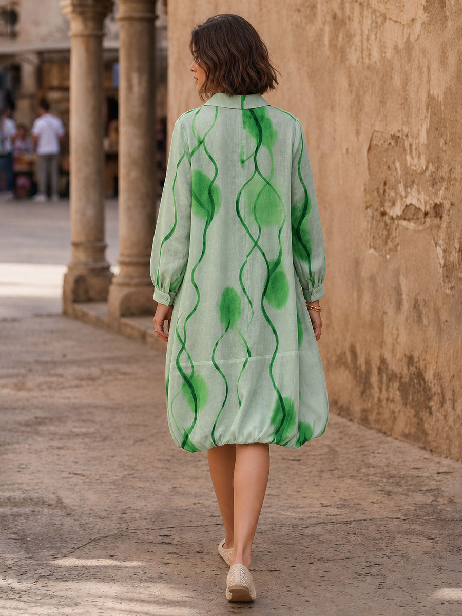 Printed Pockets Elasticity Contrast Color Buttoned Loose Long Sleeves Lapel Midi Dresses