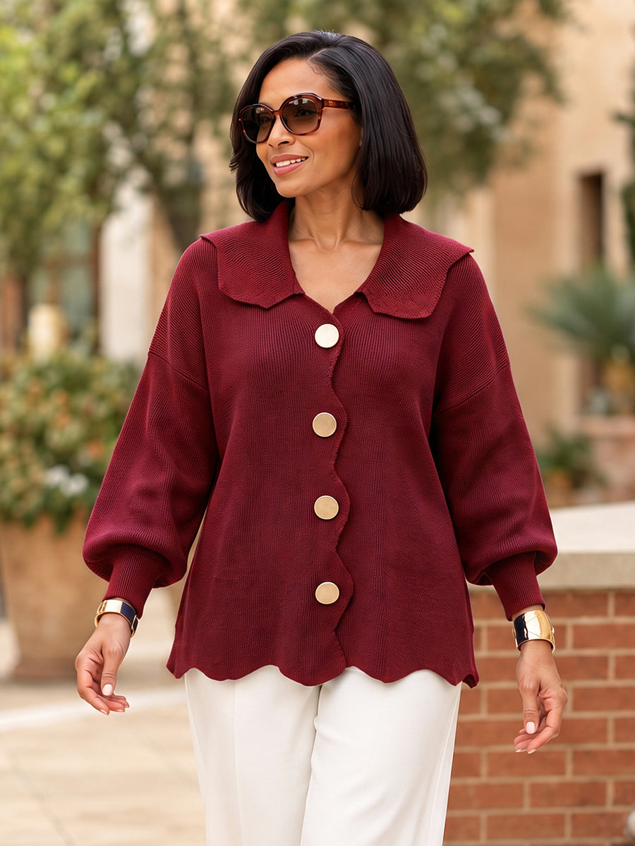 Solid Color Ribbed Knit Buttoned Asymmetric Plus Size Loose Lapel Cardigan Tops